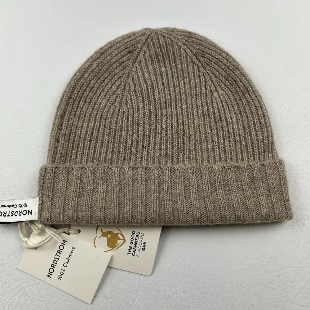 Nordstrom 100% Cashmere Rib Knit Beanie Hat Taupe One Size Soft Luxury NWT